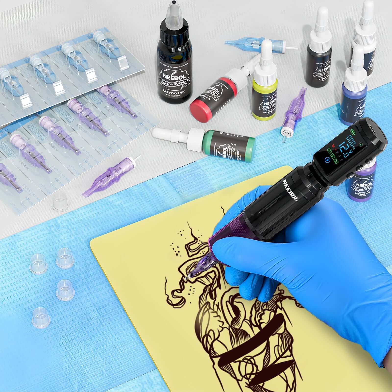 Neebol Wireless Tattoo Kit for Beginners | A10 Rotary Tattoo Pen Machine with 67M Power Supply & 20 Cartridge Needles