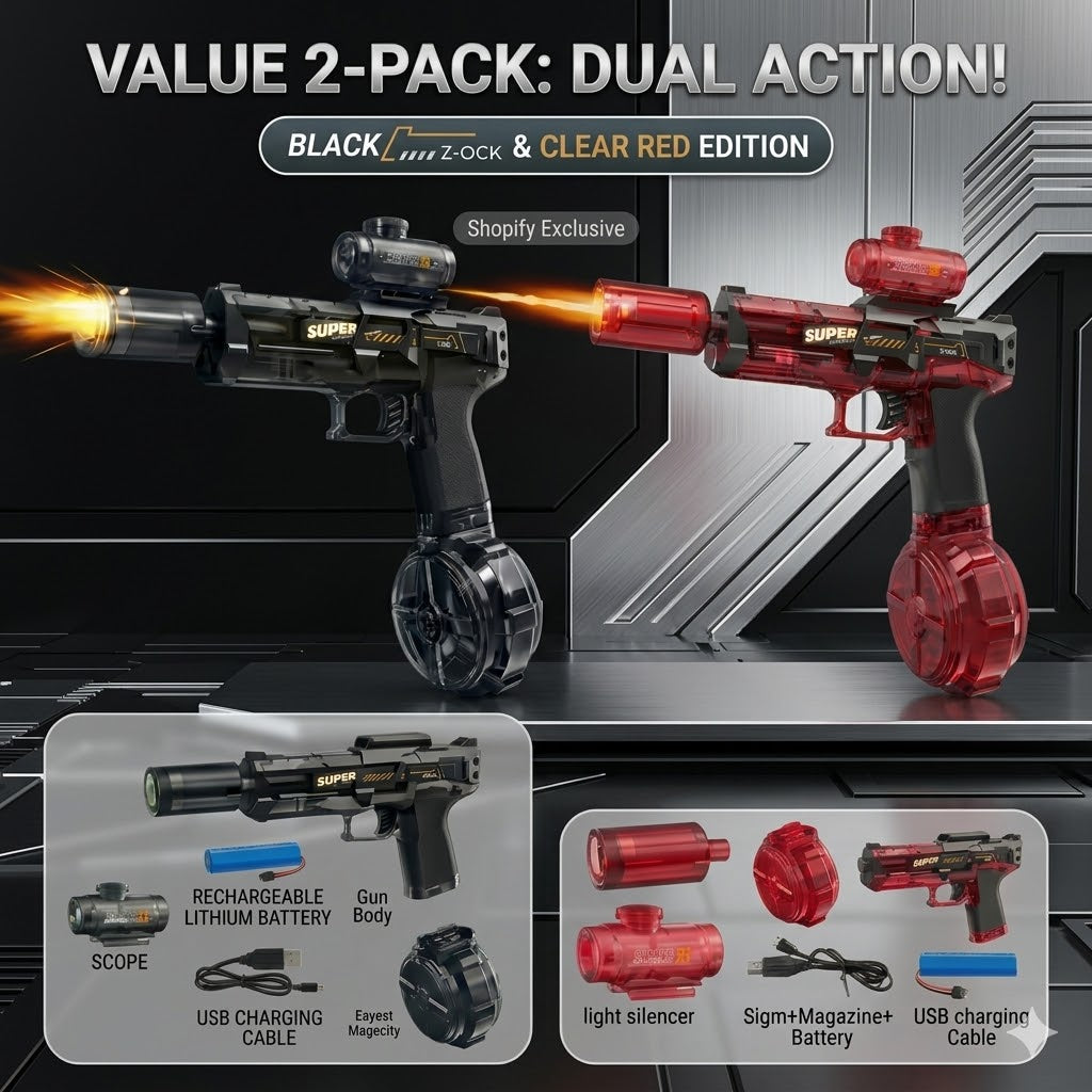 AutoBlast LED Electric Water Pistol [Twin Pack] – High Capacity Automatic Slide Rechargeable Squirt Gun