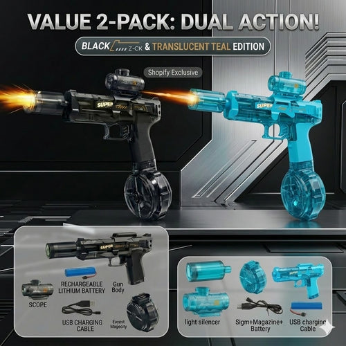 AutoBlast LED Electric Water Pistol [Twin Pack] – High Capacity Automatic Slide Rechargeable Squirt Gun