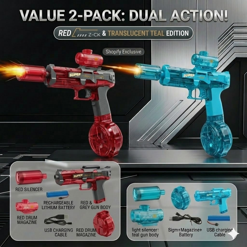 AutoBlast LED Electric Water Pistol [Twin Pack] – High Capacity Automatic Slide Rechargeable Squirt Gun