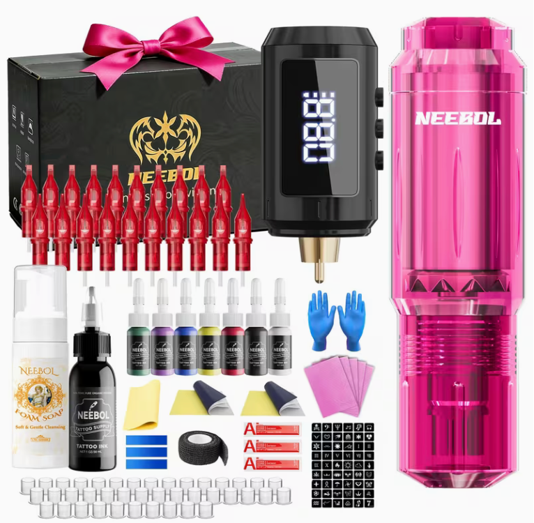 Neebol Wireless Tattoo Kit for Beginners | A10 Rotary Tattoo Pen Machine with 67M Power Supply & 20 Cartridge Needles