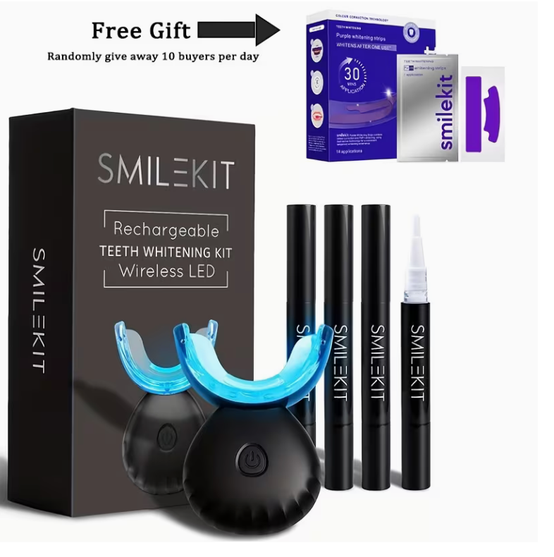 Wireless Teeth Whitening Kit with 16-LED Blue Light – Natural Stain Removal, 4 Gel Pens & Shade Guide