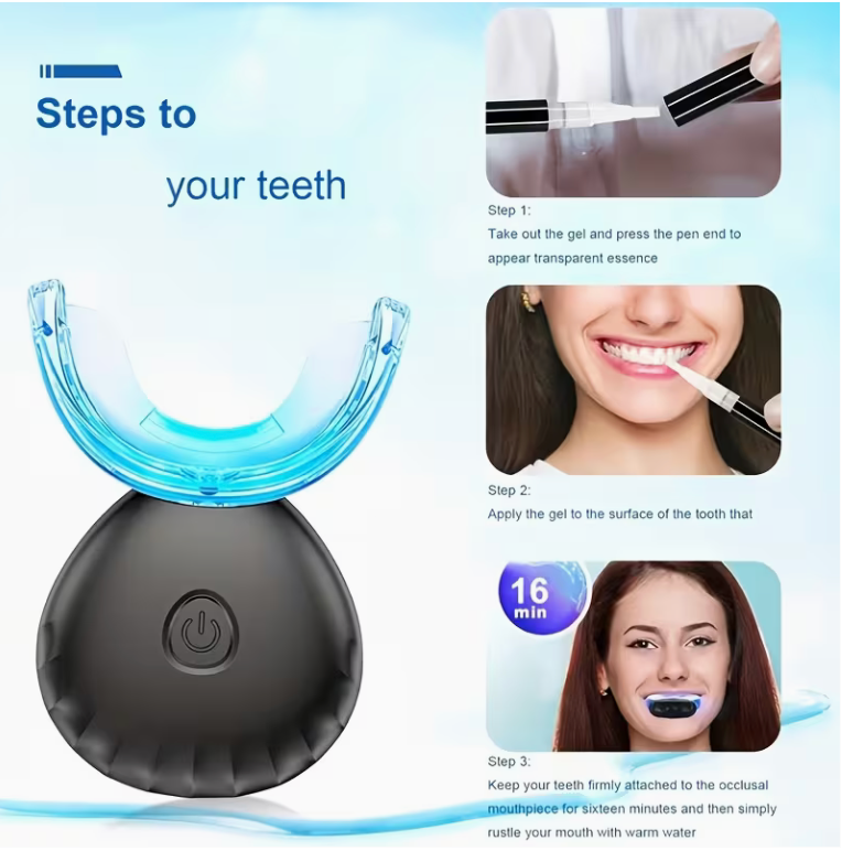 Wireless Teeth Whitening Kit with 16-LED Blue Light – Natural Stain Removal, 4 Gel Pens & Shade Guide