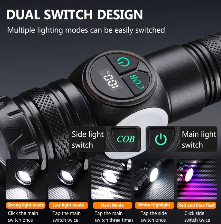 Rechargeable Tactical LED Flashlight with COB Light & Magnet