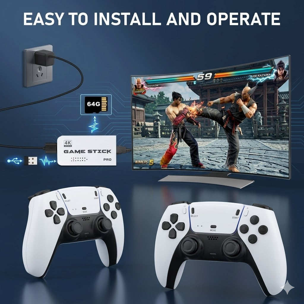 M15 4K Retro Game Stick | Plug and Play Video Game Console with 20,000+ Built-In Games & 2 Dual Wireless Controllers (64GB)