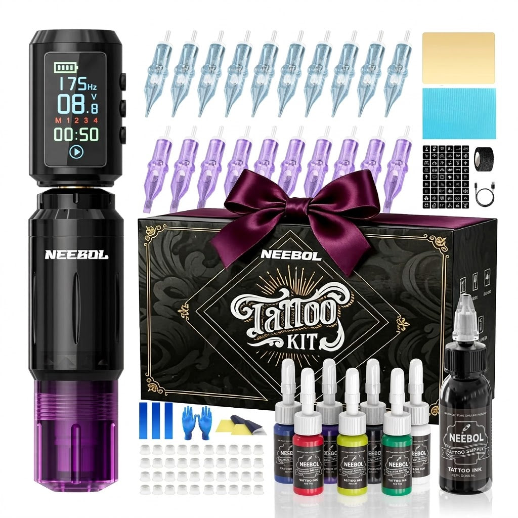 Neebol Wireless Tattoo Kit for Beginners | A10 Rotary Tattoo Pen Machine with 67M Power Supply & 20 Cartridge Needles