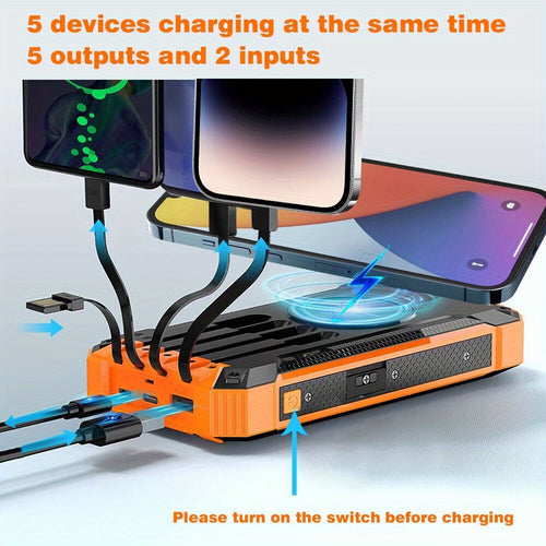 38,800mAh Solar Power Bank with Built-in Cables & 15W Wireless Charging – 6 Outputs, Dual Flashlight Portable Charger for iPhone, Travel & Camping